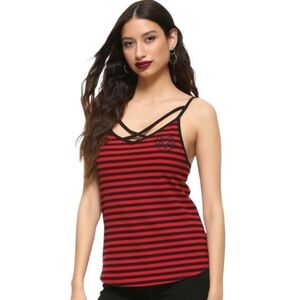 Hot Topic Red & Black Striped Crisscross Strap Pentagram Patch Tank Top Size XL